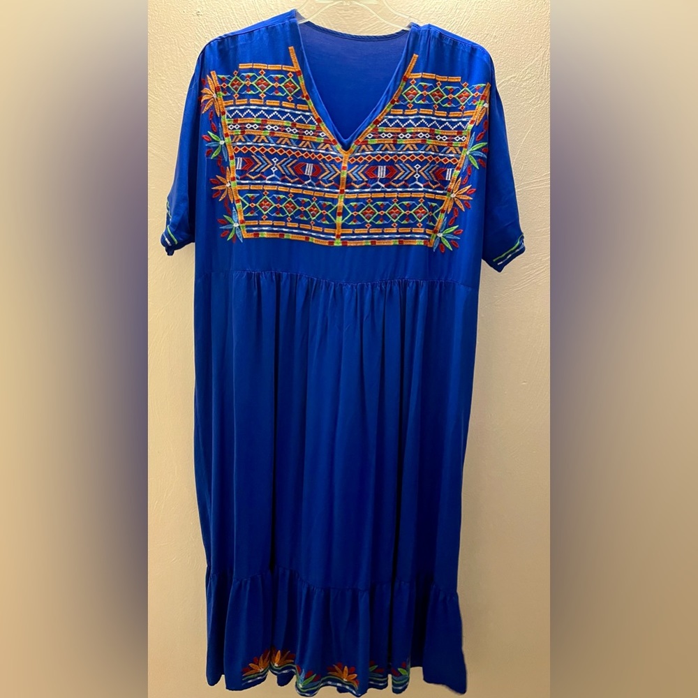 Royal blue maxi dress in size 22 (2X) with primary color embroidery